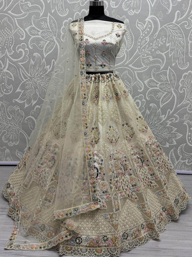 Tantalizing Off - White Thread Work Net Wedding Lehenga Choli - Ethnic Plus In